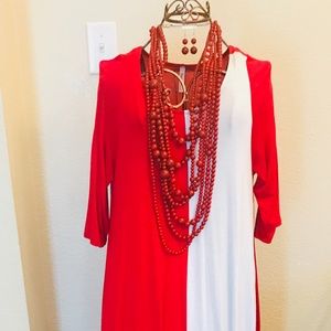 Red and White Short Sleeve Maxi Dress